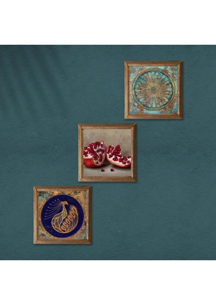 Tavus Kuşu, Yaşam Çiçeği, Nar Taş Duvar Tablosu Ahşap Çerçeveli Duvar Dekoru 3 Parça Tablo Seti Wall Art W3-1650 modelleri