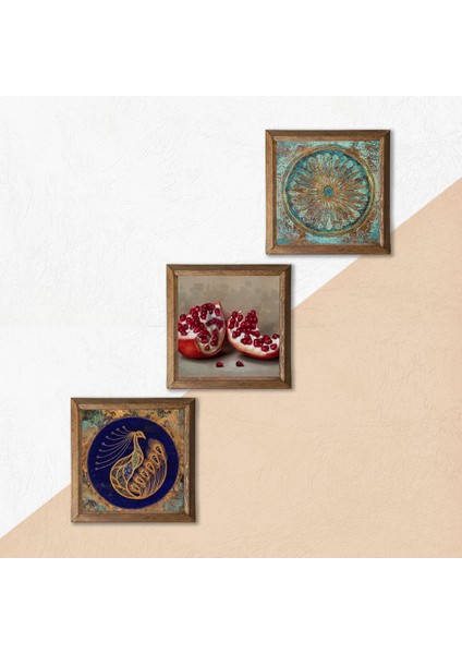 Tavus Kuşu, Yaşam Çiçeği, Nar Taş Duvar Tablosu Ahşap Çerçeveli Duvar Dekoru 3 Parça Tablo Seti Wall Art W3-1650 indirimleri