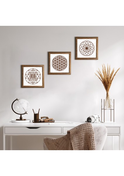 Yaşam Çiçeği, Sri Yantra Taş Duvar Tablosu Ahşap Çerçeveli Duvar Dekoru 3 Parça Tablo Seti Wall Art W3-46