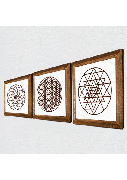 Yaşam Çiçeği, Sri Yantra Taş Duvar Tablosu Ahşap Çerçeveli Duvar Dekoru 3 Parça Tablo Seti Wall Art W3-46