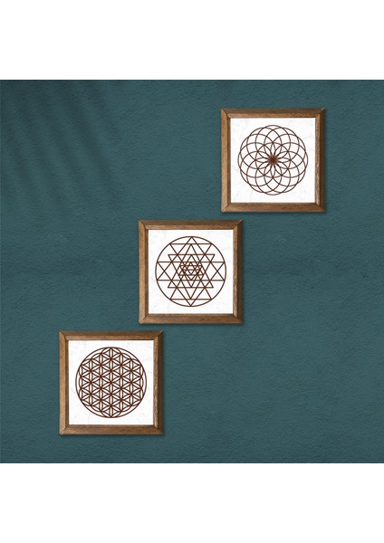 Yaşam Çiçeği, Sri Yantra Taş Duvar Tablosu Ahşap Çerçeveli Duvar Dekoru 3 Parça Tablo Seti Wall Art W3-46