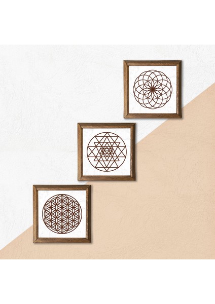 Yaşam Çiçeği, Sri Yantra Taş Duvar Tablosu Ahşap Çerçeveli Duvar Dekoru 3 Parça Tablo Seti Wall Art W3-46