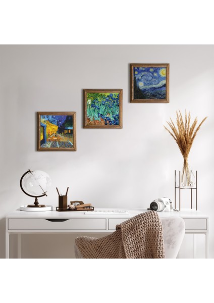 Van Gogh Kafe Terasta Gece, İrisler, Yıldızlı Gece Taş Duvar Tablosu Ahşap Çerçeveli Duvar Dekoru 3 Parça Tablo Seti Wall Art W3-463