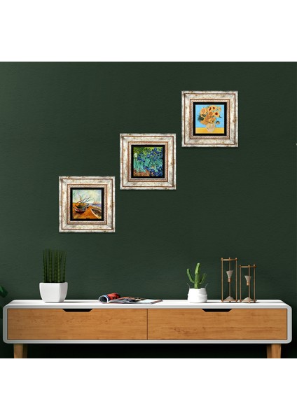 Van Gogh Balıkçı Tekneleri, On İki Ayçiçekli Vazo, İrisler Çerçeveli Taş Duvar Tablosu 3’lü Set - Dekoratif Modern Sanat, Ev ve Ofis Dekoru |TK3-96|