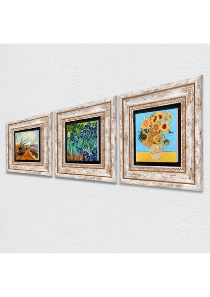 Van Gogh Balıkçı Tekneleri, On İki Ayçiçekli Vazo, İrisler Çerçeveli Taş Duvar Tablosu 3’lü Set - Dekoratif Modern Sanat, Ev ve Ofis Dekoru |TK3-96| fiyatları