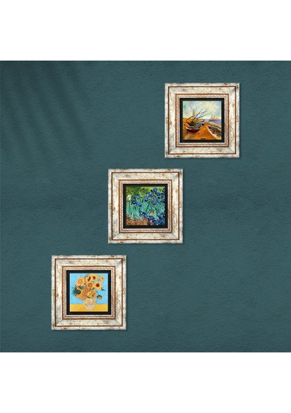 Van Gogh Balıkçı Tekneleri, On İki Ayçiçekli Vazo, İrisler Çerçeveli Taş Duvar Tablosu 3’lü Set - Dekoratif Modern Sanat, Ev ve Ofis Dekoru |TK3-96| fırsatları