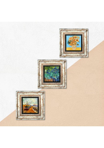 Van Gogh Balıkçı Tekneleri, On İki Ayçiçekli Vazo, İrisler Çerçeveli Taş Duvar Tablosu 3’lü Set - Dekoratif Modern Sanat, Ev ve Ofis Dekoru |TK3-96| indirimleri