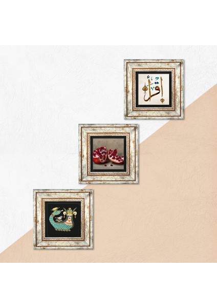 İlk Ayet 'Oku', Şahmeran, Nar Taş Duvar Tablosu Çerçeveli Duvar Dekoru 3 Parça Tablo Seti Wall Art T3-986