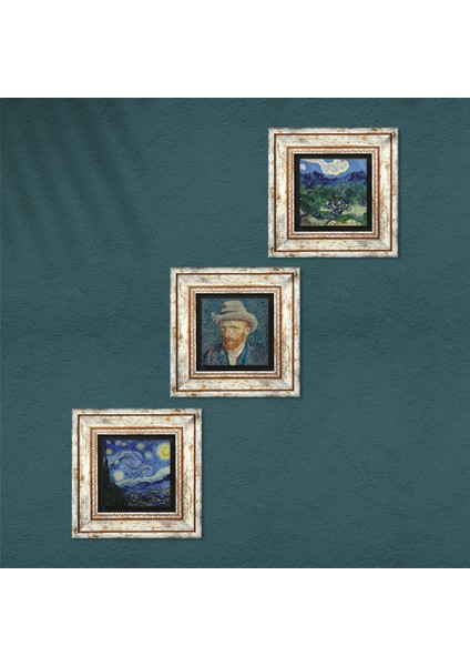 Van Gogh Zeytin Ağaçları, Yıldızlı Gece, Otoportre Çerçeveli Taş Duvar Tablosu 3’lü Set - Dekoratif Modern Sanat, Ev ve Ofis Dekoru |TK3-571| fırsatları