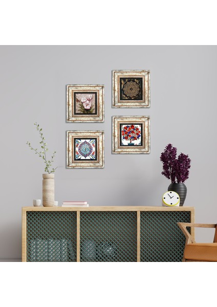 Sri Yantra, Çini Sanatı, Kelebekli Çiçek, Nar Ağacı Çerçeveli Taş Duvar Tablosu 4’lü Set - Dekoratif Modern Sanat, Ev ve Ofis Dekoru |TK4-262|