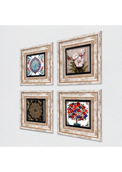 Sri Yantra, Çini Sanatı, Kelebekli Çiçek, Nar Ağacı Çerçeveli Taş Duvar Tablosu 4’lü Set - Dekoratif Modern Sanat, Ev ve Ofis Dekoru |TK4-262| fiyatları