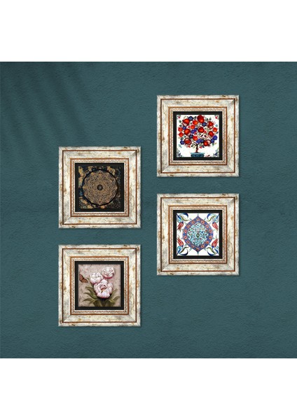 Sri Yantra, Çini Sanatı, Kelebekli Çiçek, Nar Ağacı Çerçeveli Taş Duvar Tablosu 4’lü Set - Dekoratif Modern Sanat, Ev ve Ofis Dekoru |TK4-262| fırsatları