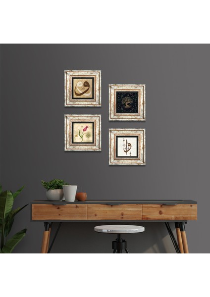 Elif Vav, Hayat Ağacı, Lale, Vav Taş Duvar Tablosu Çerçeveli Duvar Dekoru 4 Parça Tablo Seti Wall Art T4-372