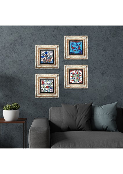 Çini Sanatı Balık, Yelkenli Gemi, Lale Taş Duvar Tablosu Çerçeveli Duvar Dekoru 4 Parça Tablo Seti Wall Art T4-39