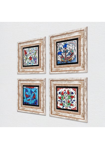 Çini Sanatı Balık, Yelkenli Gemi, Lale Taş Duvar Tablosu Çerçeveli Duvar Dekoru 4 Parça Tablo Seti Wall Art T4-39