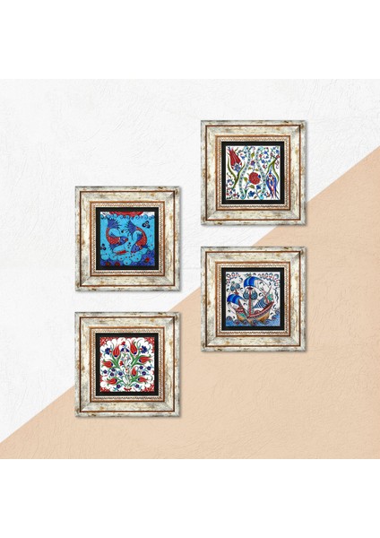 Çini Sanatı Balık, Yelkenli Gemi, Lale Taş Duvar Tablosu Çerçeveli Duvar Dekoru 4 Parça Tablo Seti Wall Art T4-39