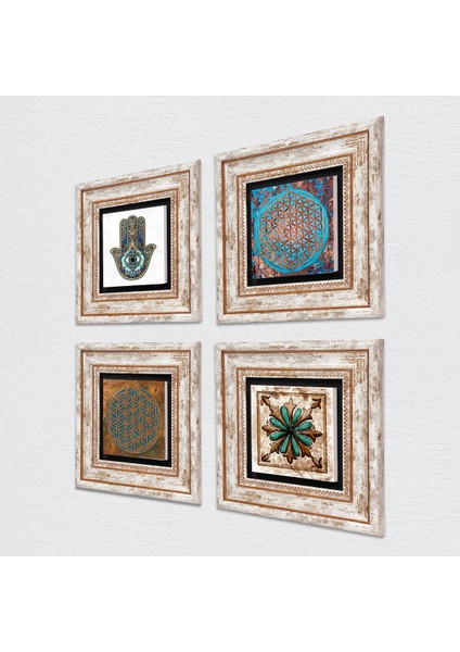 Yaşam Çiçeği, Fas Desenli Vintage, Fatma Ana Eli (Hamsa) Çerçeveli Taş Duvar Tablosu 4’lü Set - Dekoratif Modern Sanat, Ev ve Ofis Dekoru |TK4-404| fiyatları