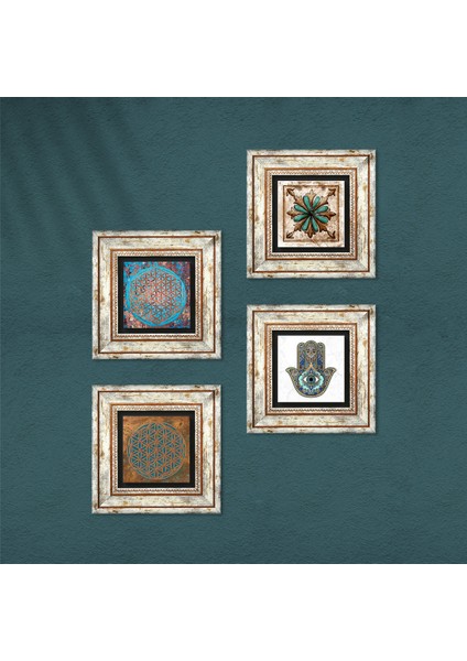 Yaşam Çiçeği, Fas Desenli Vintage, Fatma Ana Eli (Hamsa) Çerçeveli Taş Duvar Tablosu 4’lü Set - Dekoratif Modern Sanat, Ev ve Ofis Dekoru |TK4-404| fırsatları