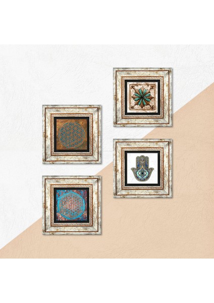 Yaşam Çiçeği, Fas Desenli Vintage, Fatma Ana Eli (Hamsa) Çerçeveli Taş Duvar Tablosu 4’lü Set - Dekoratif Modern Sanat, Ev ve Ofis Dekoru |TK4-404| indirimleri
