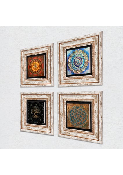 Yaşam Çiçeği, Mandala, Sri Yantra, Hayat Ağacı Taş Duvar Tablosu Çerçeveli Duvar Dekoru 4 Parça Tablo Seti Wall Art T4-527