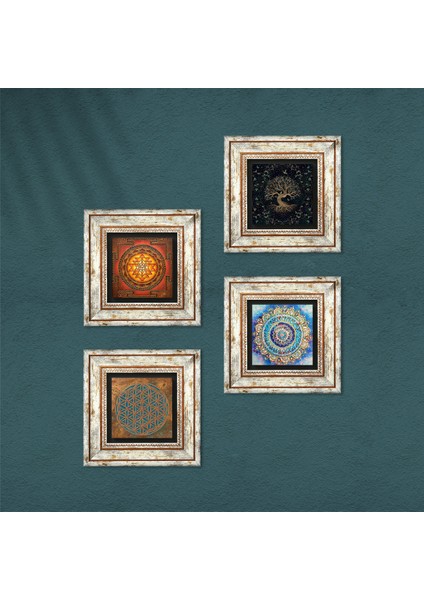 Yaşam Çiçeği, Mandala, Sri Yantra, Hayat Ağacı Taş Duvar Tablosu Çerçeveli Duvar Dekoru 4 Parça Tablo Seti Wall Art T4-527