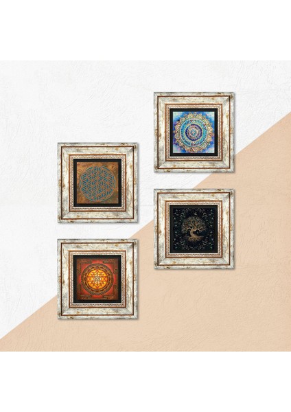 Yaşam Çiçeği, Mandala, Sri Yantra, Hayat Ağacı Taş Duvar Tablosu Çerçeveli Duvar Dekoru 4 Parça Tablo Seti Wall Art T4-527