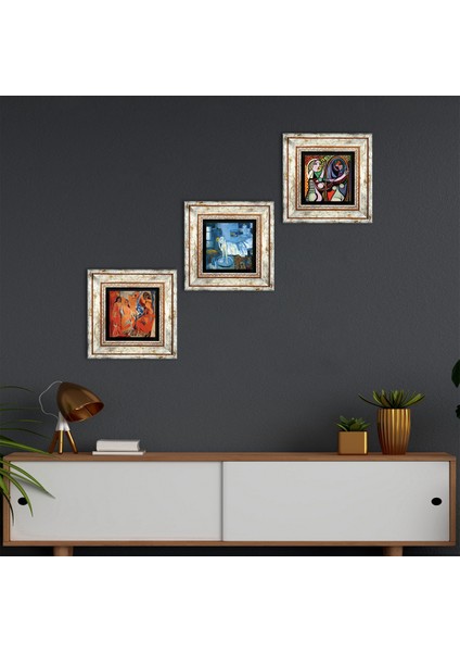 Picasso Avignonlu Kızlar, Ayna Karşısındaki Kız, Mavi Oda Taş Duvar Tablosu Çerçeveli Duvar Dekoru 3 Parça Tablo Seti Wall Art T3-607