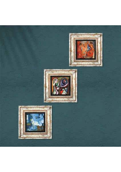 Picasso Avignonlu Kızlar, Ayna Karşısındaki Kız, Mavi Oda Taş Duvar Tablosu Çerçeveli Duvar Dekoru 3 Parça Tablo Seti Wall Art T3-607