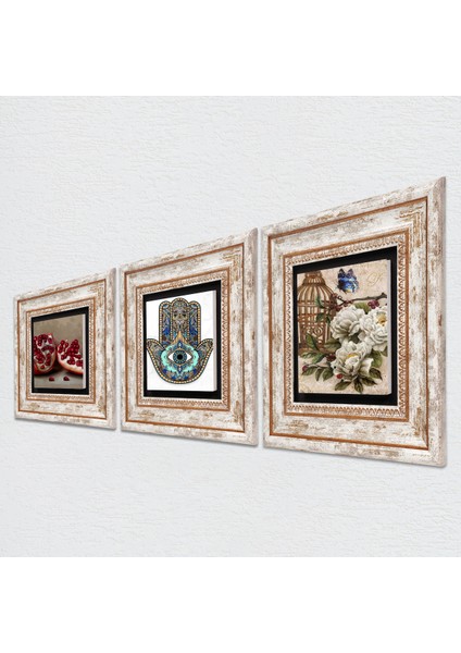 Kelebekli Çiçek, Nar, Fatma Ana Eli (Hamsa) Taş Duvar Tablosu Çerçeveli Duvar Dekoru 3 Parça Tablo Seti Wall Art T3-704