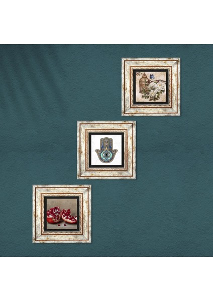 Kelebekli Çiçek, Nar, Fatma Ana Eli (Hamsa) Taş Duvar Tablosu Çerçeveli Duvar Dekoru 3 Parça Tablo Seti Wall Art T3-704