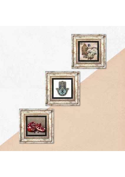 Kelebekli Çiçek, Nar, Fatma Ana Eli (Hamsa) Taş Duvar Tablosu Çerçeveli Duvar Dekoru 3 Parça Tablo Seti Wall Art T3-704