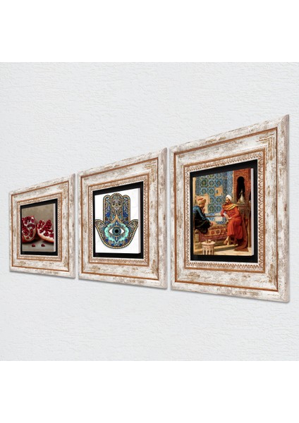 Satranç Oyunu, Nar, Fatma Ana Eli (Hamsa) Taş Duvar Tablosu Çerçeveli Duvar Dekoru 3 Parça Tablo Seti Wall Art T3-710 fiyatları