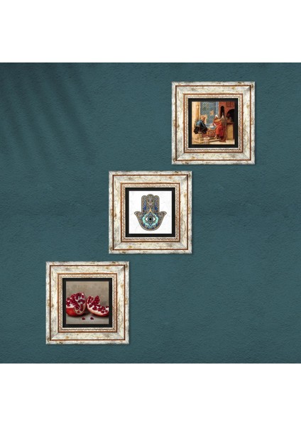 Satranç Oyunu, Nar, Fatma Ana Eli (Hamsa) Taş Duvar Tablosu Çerçeveli Duvar Dekoru 3 Parça Tablo Seti Wall Art T3-710 fırsatları