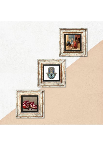 Satranç Oyunu, Nar, Fatma Ana Eli (Hamsa) Taş Duvar Tablosu Çerçeveli Duvar Dekoru 3 Parça Tablo Seti Wall Art T3-710 indirimleri