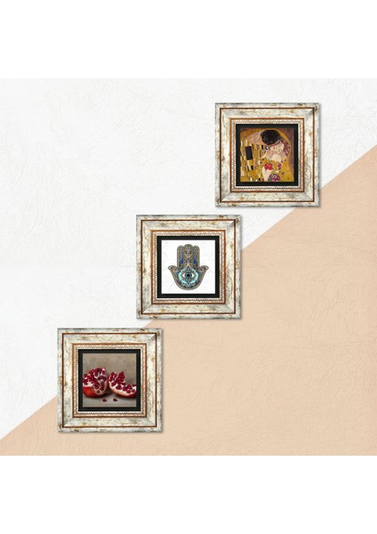 Gustav Klimt Öpücük, Nar, Fatma Ana Eli (Hamsa) Taş Duvar Tablosu Çerçeveli Duvar Dekoru 3 Parça Tablo Seti Wall Art T3-712