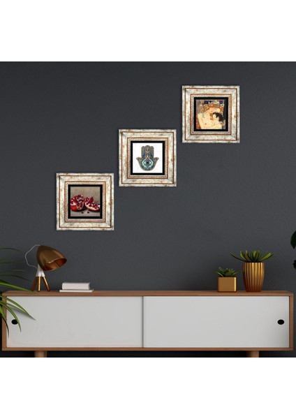 Gustav Klimt Anne Çocuk, Nar, Fatma Ana Eli (Hamsa) Taş Duvar Tablosu Çerçeveli Duvar Dekoru 3 Parça Tablo Seti Wall Art T3-713