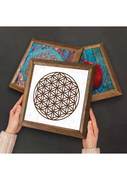 Yaşam Çiçeği, Nazar Boncuğu Taş Duvar Tablosu Ahşap Çerçeveli Duvar Dekoru 3 Parça Tablo Seti Wall Art W3-366