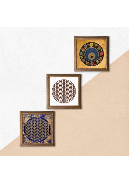 Yaşam Çiçeği, Nazar Boncuğu Taş Duvar Tablosu Ahşap Çerçeveli Duvar Dekoru 3 Parça Tablo Seti Wall Art W3-366
