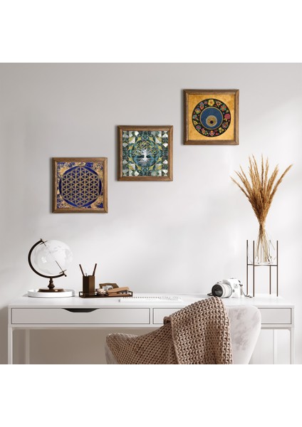 Hayat Ağacı, Yaşam Çiçeği, Nazar Boncuğu Ahşap Çerçeveli Taş Duvar Tablosu 3’lü Set – 25x25 cm Dekoratif Modern Sanat – Ev ve Ofis Dekoru |W3-378|