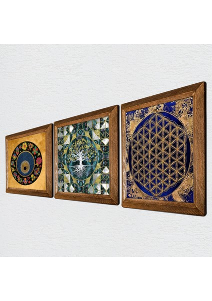 Hayat Ağacı, Yaşam Çiçeği, Nazar Boncuğu Ahşap Çerçeveli Taş Duvar Tablosu 3’lü Set – 25x25 cm Dekoratif Modern Sanat – Ev ve Ofis Dekoru |W3-378| fiyatları