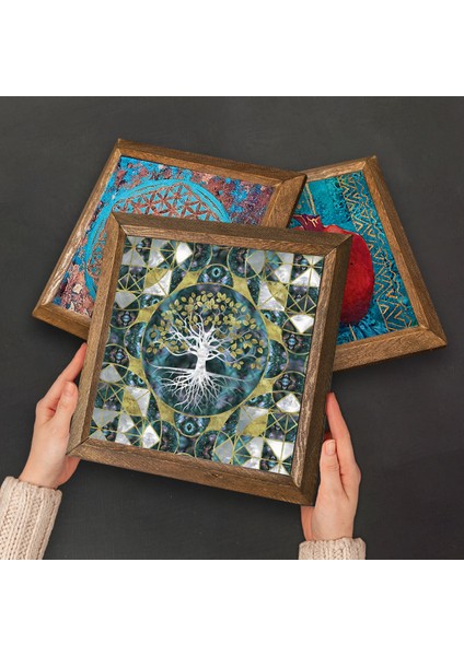Hayat Ağacı, Yaşam Çiçeği, Nazar Boncuğu Ahşap Çerçeveli Taş Duvar Tablosu 3’lü Set – 25x25 cm Dekoratif Modern Sanat – Ev ve Ofis Dekoru |W3-378| fırsatları