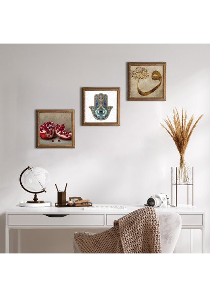 Vav, Nar, Fatma Ana Eli (Hamsa) Taş Duvar Tablosu Ahşap Çerçeveli Duvar Dekoru 3 Parça Tablo Seti Wall Art W3-736