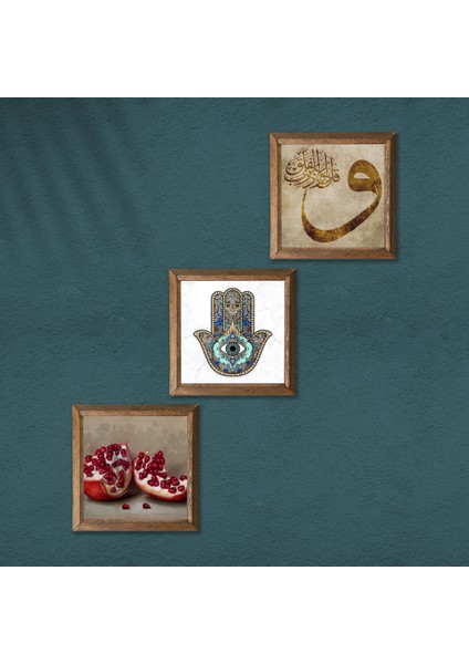 Vav, Nar, Fatma Ana Eli (Hamsa) Taş Duvar Tablosu Ahşap Çerçeveli Duvar Dekoru 3 Parça Tablo Seti Wall Art W3-736 modelleri