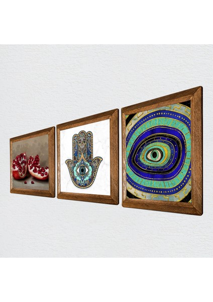 Nazar, Nar, Fatma Ana Eli (Hamsa) Taş Duvar Tablosu Ahşap Çerçeveli Duvar Dekoru 3 Parça Tablo Seti Wall Art W3-752 fiyatları