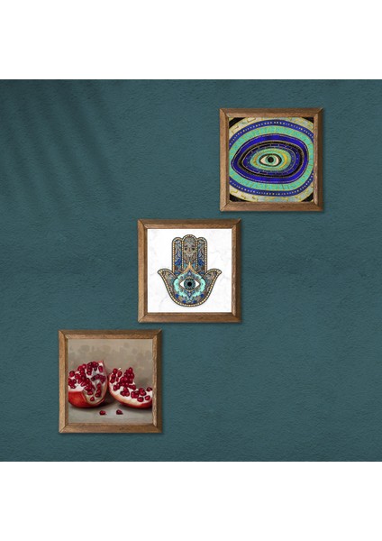 Nazar, Nar, Fatma Ana Eli (Hamsa) Taş Duvar Tablosu Ahşap Çerçeveli Duvar Dekoru 3 Parça Tablo Seti Wall Art W3-752 modelleri