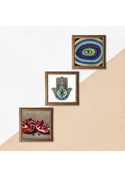 Nazar, Nar, Fatma Ana Eli (Hamsa) Taş Duvar Tablosu Ahşap Çerçeveli Duvar Dekoru 3 Parça Tablo Seti Wall Art W3-752 indirimleri