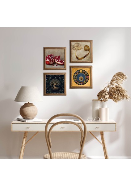 Hayat Ağacı, Vav, Nazar, Nar Taş Duvar Tablosu Ahşap Çerçeveli Duvar Dekoru 4 Parça Tablo Seti Wall Art W4-658