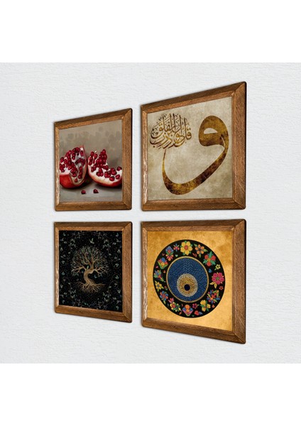Hayat Ağacı, Vav, Nazar, Nar Taş Duvar Tablosu Ahşap Çerçeveli Duvar Dekoru 4 Parça Tablo Seti Wall Art W4-658 fiyatları