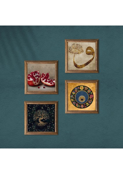 Hayat Ağacı, Vav, Nazar, Nar Taş Duvar Tablosu Ahşap Çerçeveli Duvar Dekoru 4 Parça Tablo Seti Wall Art W4-658 modelleri