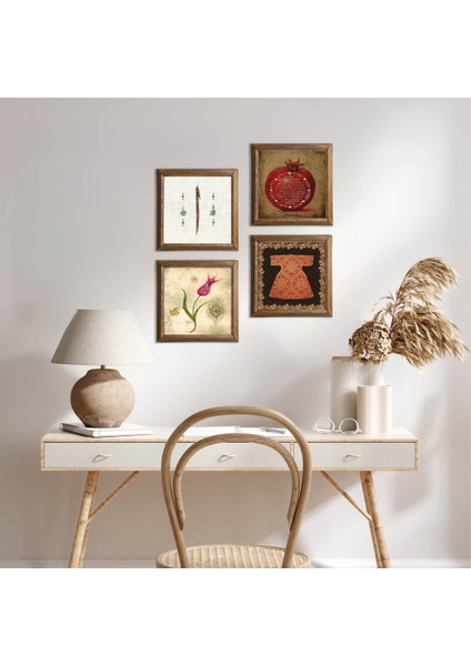 Hırka-i Şerif, Lale, Elif, Bereket Duası Taş Duvar Tablosu Ahşap Çerçeveli Duvar Dekoru 4 Parça Tablo Seti Wall Art W4-665